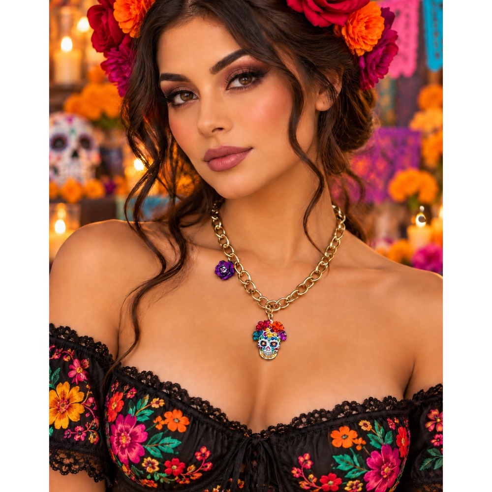 Betsey Johnson Sugar Skull Floral Crystal Gold Tone Statement Necklace NWT